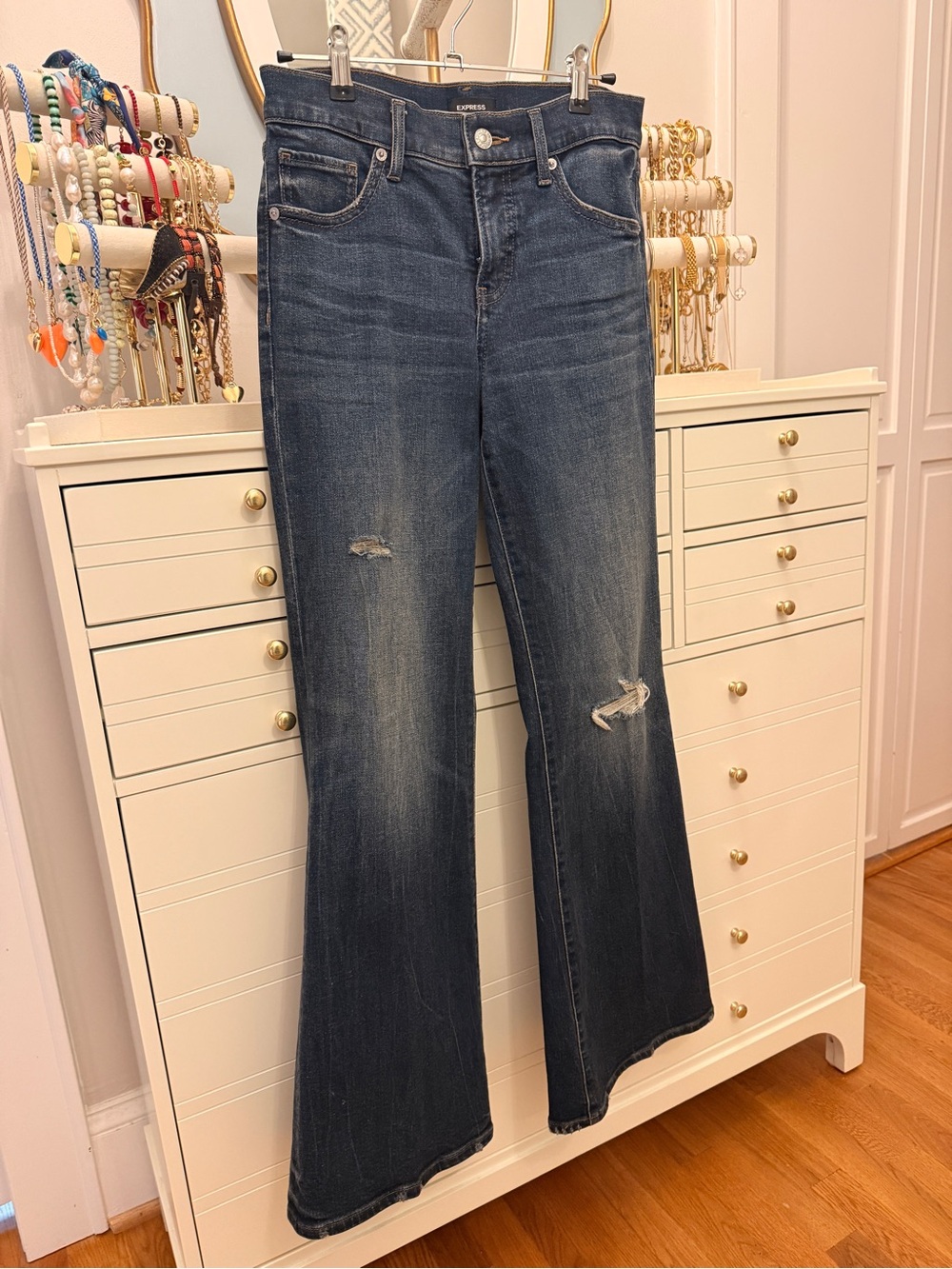 Express Dark Blue 70s Flare Jeans with Distressed Knees